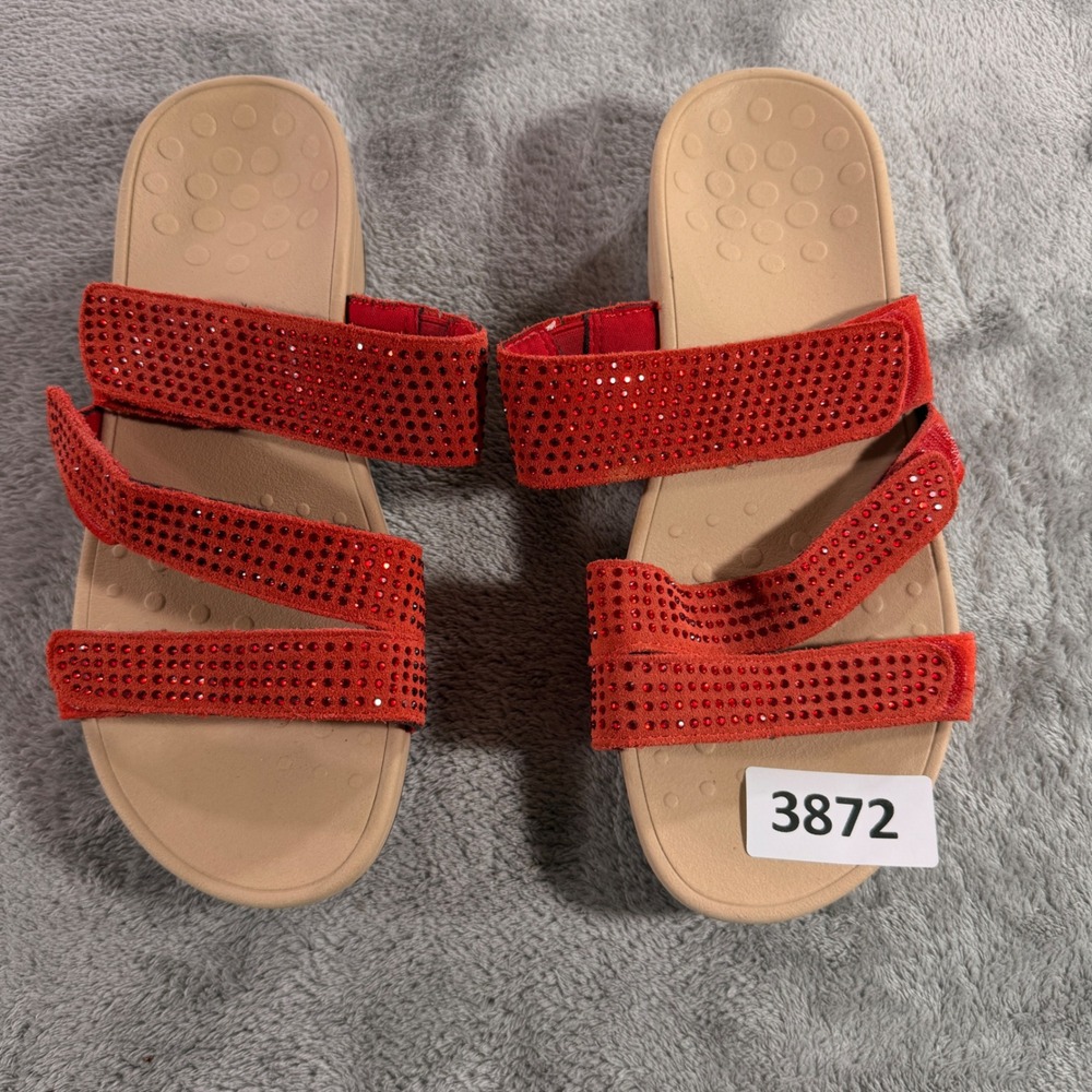 Vionic Alexis Sandals Womens 9 Red Rhinestone Suede Orthotic Platform Slides - Picture 1 of 11